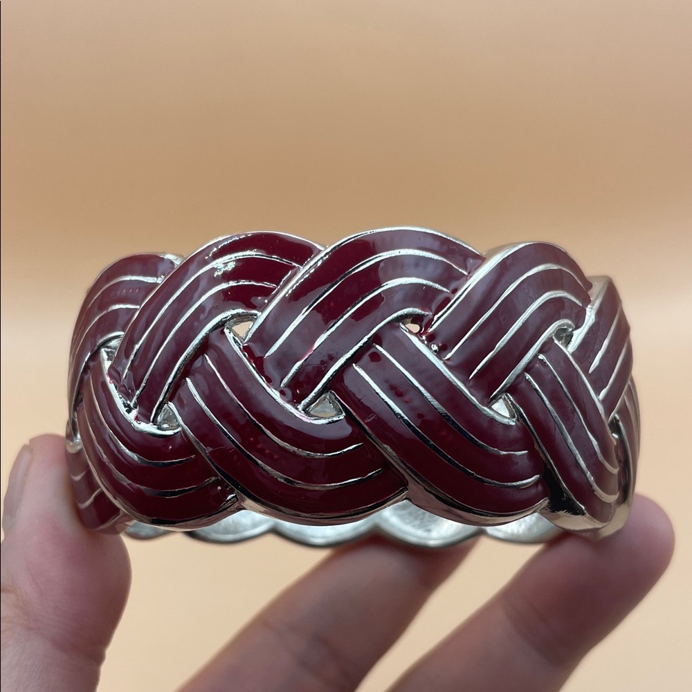 Elegant Silver and Maroon Braided Enamel Clamper Bracelet C50